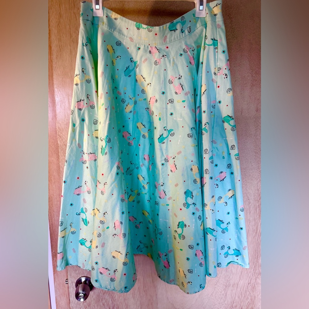 Voodoo Vixen Pastel teal and Vespa print flowing skirt , 1950’s style